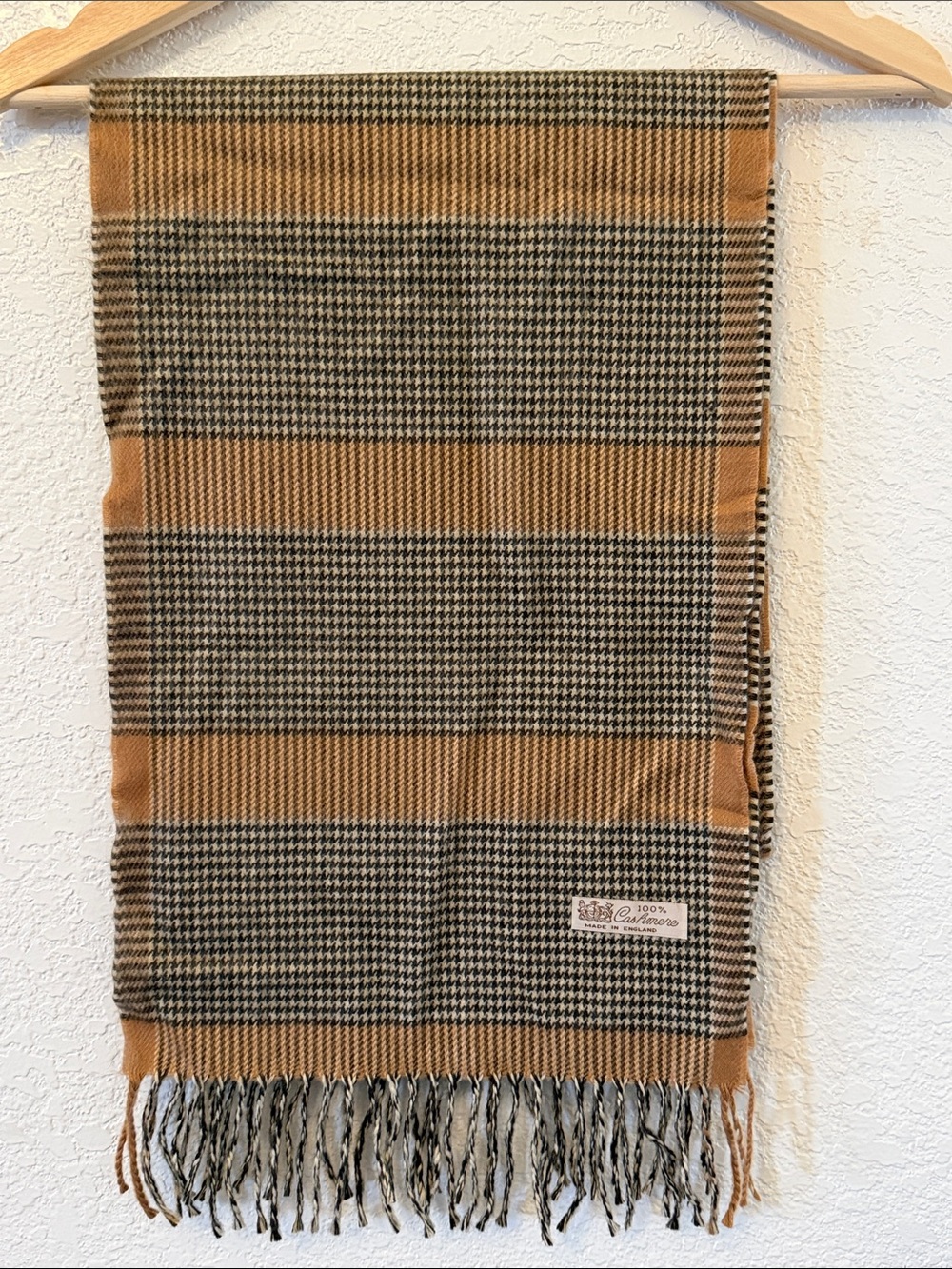 Camel and Black Houndstooth Fringe Scarf with Label 100% Cashmere